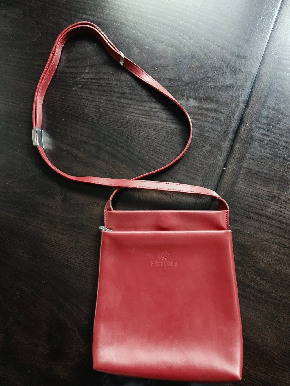 Red Leather Kesslord Paris Crossbody Bag. 9 x 8 x 2" Made in France.